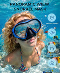Woman underwater wearing snorkel mask for adults and teens, leak-proof swim goggles with 180-degree panoramic view, blue.
