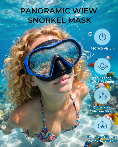 Woman underwater wearing snorkel mask for adults and teens, leak-proof swim goggles with 180-degree panoramic view, blue.