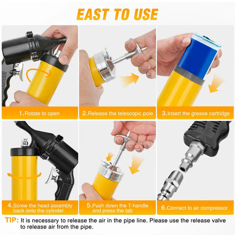 Pro Grade Heavy Duty Pneumatic Grease Gun Kit 6000 PSI, 14 Oz Capacity, assembly instructions, yellow, 6 pack