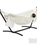 Handwoven Tassel Hammock With Stand For Outdoor Use Oversized Double Hammock Holds Up To 450 Lbs Super Comfy Pillow And Storage Bag Included Easy Setup Portable Stand Beige