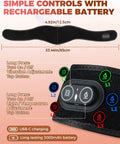 Controls and dimensions of Red Light Therapy Belt For Neck And Shoulders That Also Treats The Rest Of Your Body All Day Cordless Infrared Heating Pad With Vibration Portable Massager With 660nm And 850nm For Fast Relief At Home.
