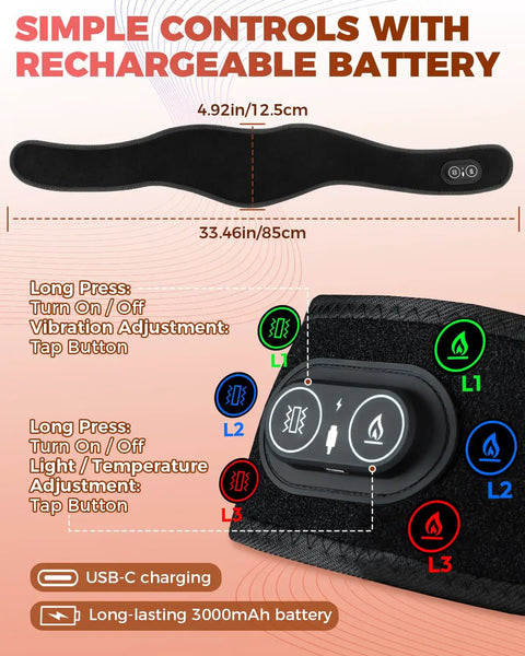 Controls and dimensions of Red Light Therapy Belt For Neck And Shoulders That Also Treats The Rest Of Your Body All Day Cordless Infrared Heating Pad With Vibration Portable Massager With 660nm And 850nm For Fast Relief At Home.