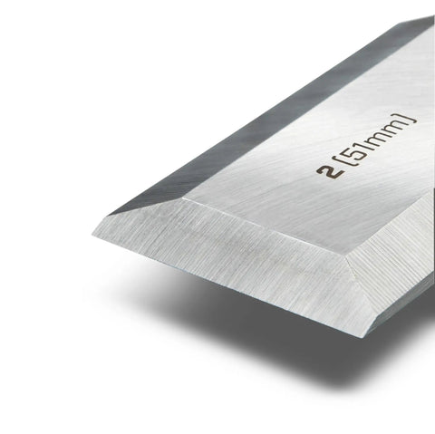 Close-up of Pro Grade Two Inch Wood Chisel with corrosion resistant drop forged carbon steel blade for heavy duty carving and fine shaping