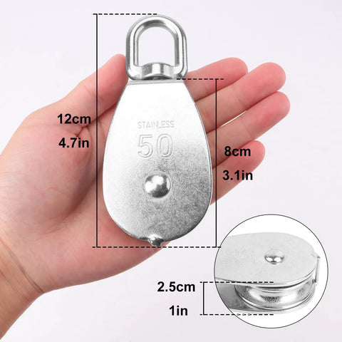 Heavy Duty 304 Stainless Steel M50 Snatch Block Pulleys Three Eighths Inch Lifting Pulley With Swivel Hook Four Pack For Industrial Outdoor Use And Home Projects Smooth Rotating Towing Wheel, 50mm pulley shown in hand