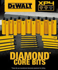 DEWALT diamond core drill bits set for concrete; yellow cylindrical bits with black ends, assorted sizes