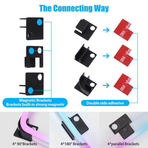 Lit ARGB PC Light Strips For 5V 3 Pin Headers installation guide, showing magnetic brackets and adhesive for setup.