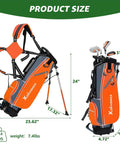 Orange junior golf club set with stand bag dimensions, including height and weight details, side and front views shown.