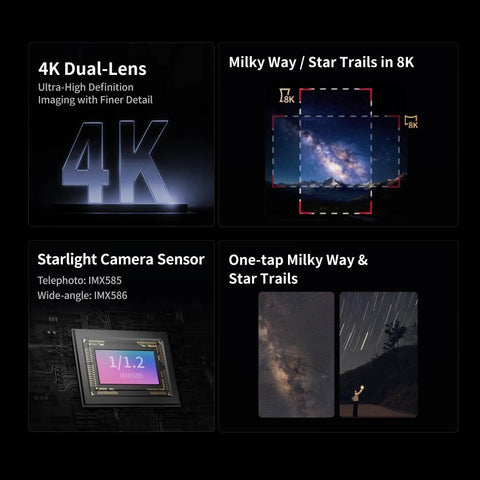 Seestar S30 Pro Smart Telescope with app control demonstrating 4K dual-lens, Milky Way star trails, and starlight camera sensor.