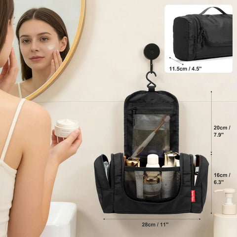 Woman using Hanging Toiletry Bag For Men And Women, Waterproof Nylon Dopp Kit With Multiple Compartments For Toiletries in black