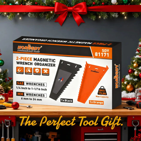 Two Piece Magnetic Wrench Organizer With 32 Slots For Toolboxes, Drawers And Garage, Keeps SAE Quarter Inch To One And One Sixteenth Inch And Metric Six To Twenty Four Millimeter Wrenches Neatly Stored, Black And Orange, 11 Pound Capacity