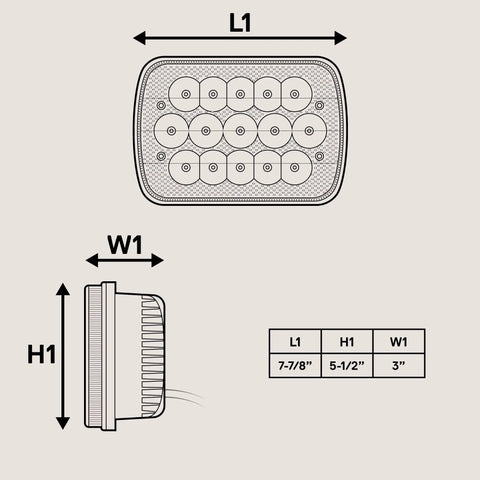 Diagram of 7x6 and 5x7 H6054 LED Headlights for Trucks and Vans with dimensions showing sealed beam replacement size for universal fit.