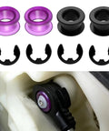 Shift Linkage Bushing And Clip Kit Universal Replacement For Toyota Jeep Chevrolet Saturn Pontiac Two Piece Kit Replaces OEM 33835-08010 And 33820-02370 Repair Tool For Smooth Shifting, with black and purple components displayed