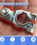 Heavy Top Post Battery Terminal Connector Adapter Rock Solid Galvanized Steel with orange insulation in hand for reliable power transfer.