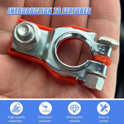 Heavy Top Post Battery Terminal Connector Adapter Rock Solid Galvanized Steel with orange insulation in hand for reliable power transfer.