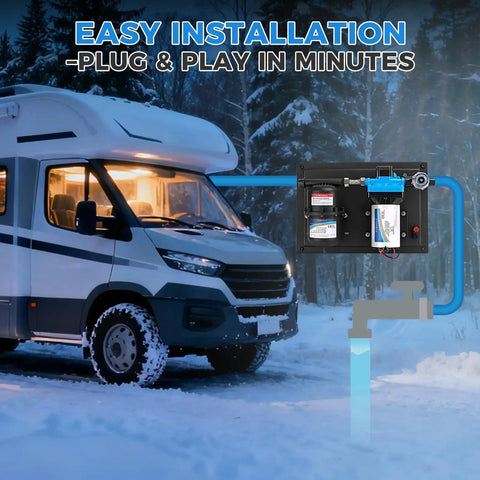 High Flow 12V RV Water Pump With 5.5 GPM And 55 PSI, 0.75L Accumulator Tank, shown installed in snowy RV setting