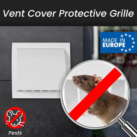 4 Inch White Dryer Vent Hood with rain cover and pest protection, mounted on a dark wall, with European quality mark.