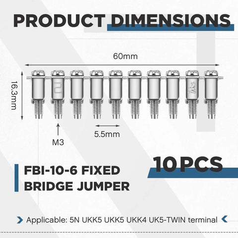 10 Pack FBI-10-6 Fixed Bridge Jumpers for Din Rail Terminal Blocks shown with dimensions and applicable terminals.
