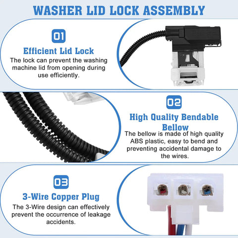 Washer Lid Lock Switch Replacement For Amana, Whirlpool, Kenmore, Maytag, Crosley Machines 110 200 500 Series Easy Install OEM Fit W10838613 W11253733 PS12704713 AP6832601 washer lid lock assembly with 3-wire plug
