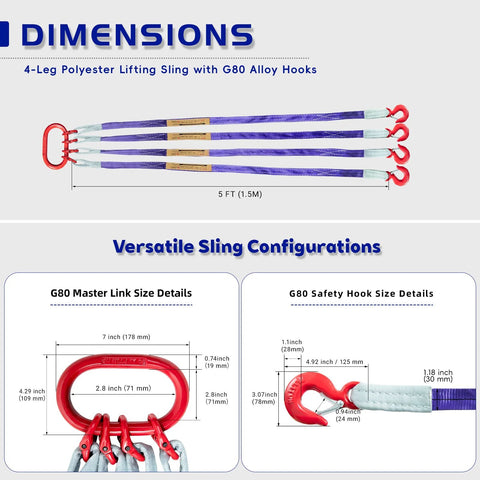 Kivomot four-leg polyester lifting slings with red G80 hooks, 5 ft (1.5 m) long, 8,800 lb capacity.
