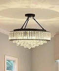6 Light Modern Crystal Chandelier In Black Metal Finish Semi Flush Round Ceiling Lamp in dining room setup