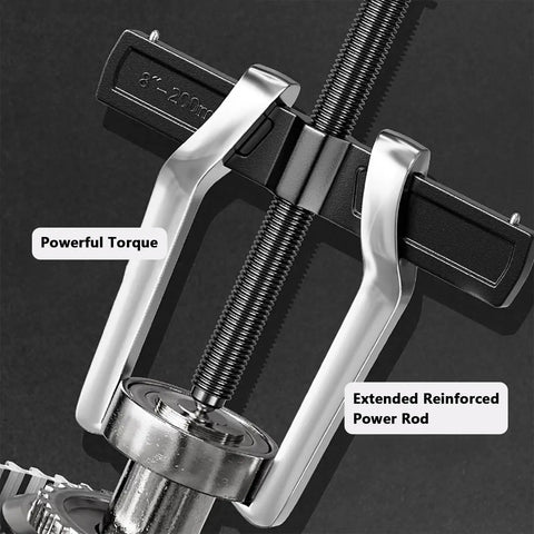 Close-up of Heavy-Duty Two-Jaw Gear Puller Kit with solid steel jaws and extended power rod for efficient bearing removal.
