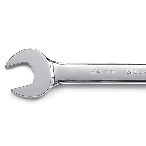 Close-up of a 24mm open-end wrench, steel finish, showing size markings on the handle.