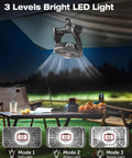 Portable Camping Fan With Led Lights And 20000mAh Battery in use at night, hanging from tent, illuminating campsite furniture.