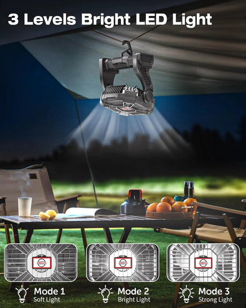 Portable Camping Fan With Led Lights And 20000mAh Battery in use at night, hanging from tent, illuminating campsite furniture.
