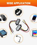 Beefy 12V To 5V Buck Converter Module For Cars And Motorcycles, 25W 5A Step Down Regulator shown with various compatible devices