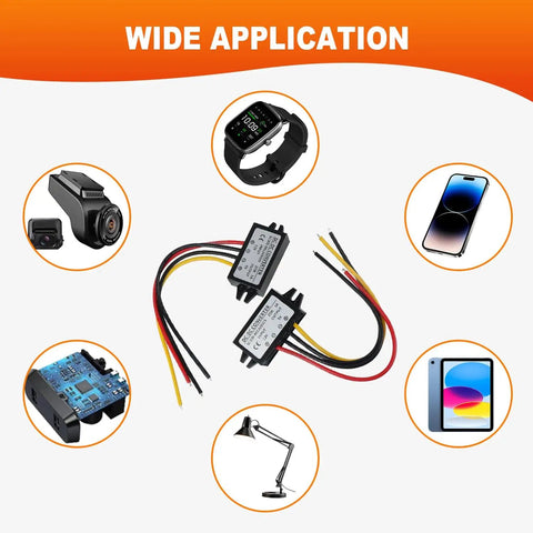 Beefy 12V To 5V Buck Converter Module For Cars And Motorcycles, 25W 5A Step Down Regulator shown with various compatible devices