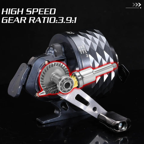 Spincast Fishing Reel With All Metal Gears And 3.9 To 1 High Speed Ten Pound Drag Push Button Casting For Bass Trout And Catfish