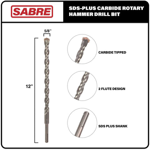 Five Eighth Inch SDS Plus Rotary Hammer Drill Bit Carbide Tipped For Brick Stone And Concrete Version Two Long Twelve Inch Length Heavy Duty And Ready For Real Work Compatible With Bosch DeWalt Makita Milwaukee Hilti And More