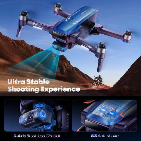 V11PRO RC2 Drone With 8K Camera And 3 Axis Gimbal Remote in flight showcasing its ultra-stable shooting experience over a rocky landscape