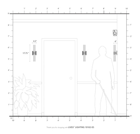 Aero 2-Light Chrome Bath Light With Modern Steel Build, Contemporary Vanity Fixture shown in architectural drawing above door.