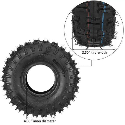 4.10-4 Tire And Inner Tube Replacement Set Two Pack For Go Karts Lawn Mowers Wheelbarrows Hand Trucks detail view of tire tread and dimensions.