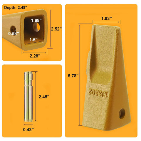 Heavy Duty Excavator Bucket Teeth With Pins And Retainers 5 Pack For Skid Steer Tractor Backhoe Compatible With J200 Series Replacement Set dimensions