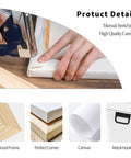 Manual stretching of high quality canvas with wood frame, canvas roll, perfect corner, metal hook detail.