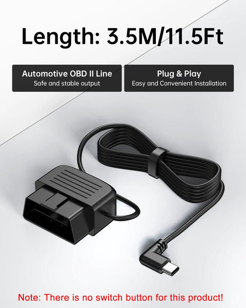 Dash Cam Power Cable OBD2 to USB C, OBDII Hardwire Kit with 11.5ft Cable, plug-and-play design for hidden install and surveillance.