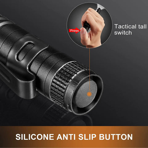 Close-up of Ten Pack Mini Pen Light Flashlights showing silicone anti-slip button and tactical tail switch for inspection and camping.