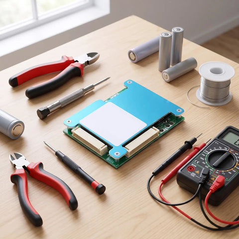 Rugged 13s Lithium Battery Protection Board With Smart Temperature Control And Real Time Cell Voltage Monitoring 50a Bms Pack Balancer on wooden table with tools.