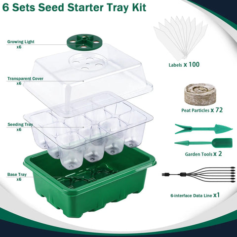 Six Pack Seed Starter Tray Kit With Grow Light And Humidity Dome For Easy Indoor Gardening, 72 Peat Pellets, Six LED Light Covers, 100 Plant Labels, USB Cable And Garden Tools, The Complete Germination Set For Healthy Plants