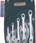 Heavy Duty Ratchet Box Wrench Set, 5-Piece, 12 Point, 1/4 To 7/8 Inch, With Denium Tool Roll, Pro Grade in a black denim roll