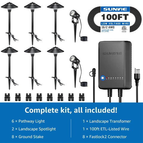 All-In-One LED Low Voltage Landscape Lighting Kit With 6 Path Lights And 2 Spotlights, 60W Transformer, 100 Ft Wire, ETL Listed