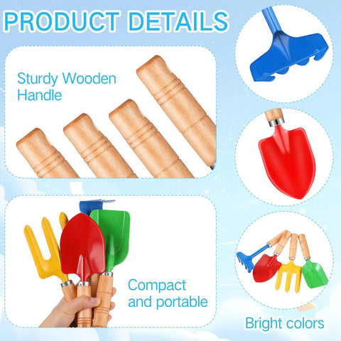 24 Piece Kids Gardening Tools Set With Wooden Handles Including Shovel Rake Fork And Trowel Metal Beach Sandbox Toys