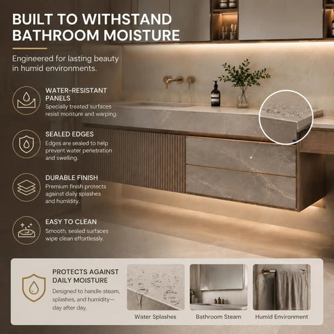 Slick And Fly Wall Mounted Bathroom Vanity With Undermount Sink And Integrated Makeup Station Featuring Heavy Duty Solid Wood Drawers For Game Changing Modern Home Upgrades, showcasing water-resistant features.