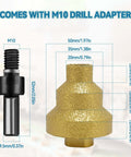Front view of 2-piece diamond step drill bit set with M10 adapter; 20/35/50 mm sizes for marble, tile, concrete.