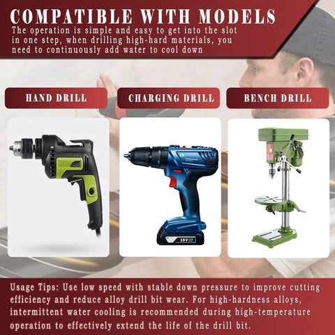 Three power drills: handheld black/green drill, blue cordless drill, and green benchtop drill.