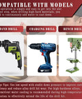 Collage of three power drills: handheld black/green drill, blue 18V cordless drill, and green benchtop drill.