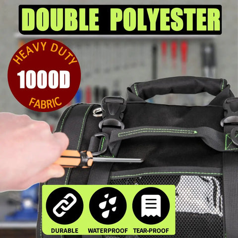 Heavy Duty Tool Roll Up Bag With Six Tool Pouches Built From 1000D X 1000D Fabric shown being used, highlighting durability features