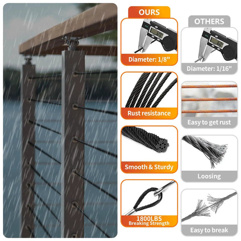 Black T316 Stainless Steel Cable for Railing, One Eighth Inch Wire Rope, 500 Feet Roll, Marine Grade Deck Cable Kit comparison
